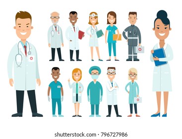 Flat male and female doctors healthcare vector illustration people cartoon characters icon set. Health care hospital medical staff in uniform: doctor, nurse. Professional medicine team concept.