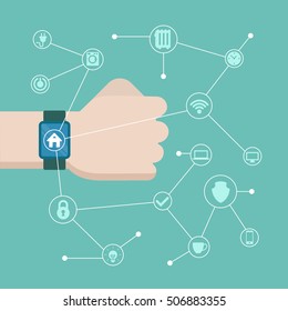 Flat male hand with watch connected with icons website hero image vector illustration. Smart clock, House control Infographics template. Innovative technology concept.