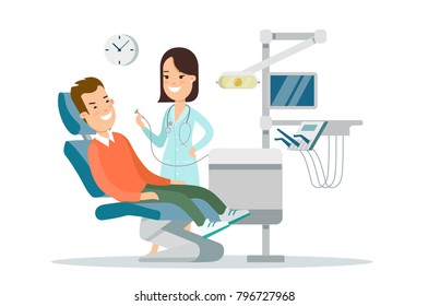 Flat male patient visiting female doctor vector illustration. Dentist clinic interior image. Healthcare hospital chair equipment team medical concept.