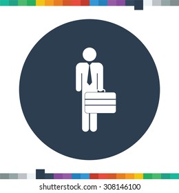 Flat male stick figure icon, wearing a tie and holding a brifcase in his hand.