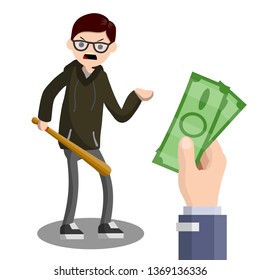 Flat man with a baseball bat. Extortion of money by the bully. Aggressive guy in a hoodie. The problem of urban security. robber with the bat. Cartoon illustration. Big hand with cash.