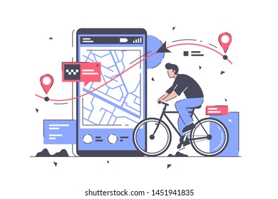 Flat man with bicycle and way on mobile phone map. Isolated concept young male character with cellphone point on modern device, digital technology. Vector illustration.