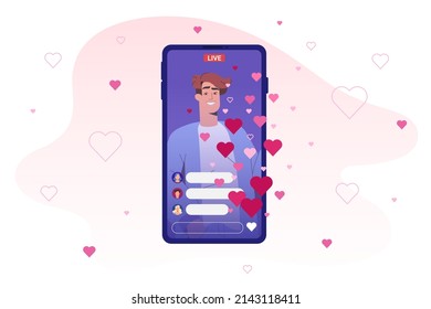Bloguero de hombre plano transmitiendo en vivo. Influenciar la transmisión en redes sociales en la aplicación para smartphones con reacciones voladoras y comentarios de los espectadores. Chat en video en línea con seguidores y símbolos del corazón.