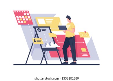 Flat man build program architecture with project management. Concept freelance businessman character, online web programmer at work. Vector illustration.
