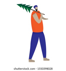 Flat man carries a Christmas tree, New Year character. Vector EPS 10