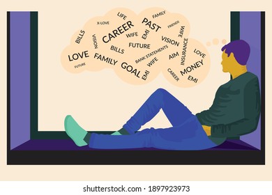 Flat man character design vector illustration, sitting inside and looking through window and human thoughts abstract design.