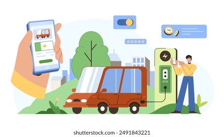 Personaje hombre plano paga y Recargo coche eléctrico en la estación de cargador ev a través de la aplicación móvil en el teléfono inteligente. Transporte verde. Concepto de combustible ecológico. Vehículos ecológicos. Punto de carga automático