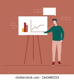 flat man character presenting chart. business man lead meeting.