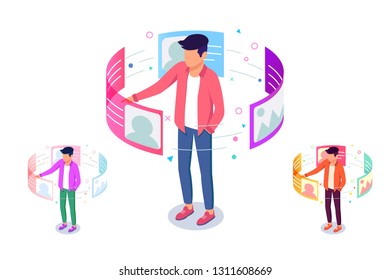 Flat man character in whirlpool with new future technology interface. Concept employee designer, social, device. Vector illustration.