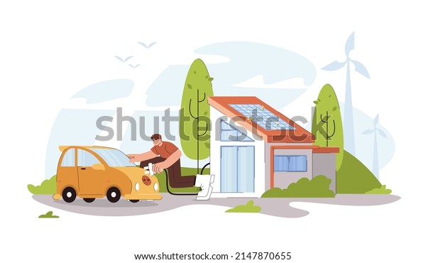 Flat\
man charging electric car in yard from ev charger station in modern\
smart home with photovoltaic solar panels on the roof. Eco house,\
friendly alternative renewable green energy\
concept.