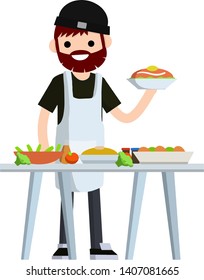 Flat Man cook holding a plate of food. Table with delicious meal and dishes. The guy in the white apron. Chef and waiter at work in the restaurant and cafe. Element of kitchen. Cartoon illustration
