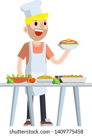 Flat Man cook holding a plate of food. Table with delicious meal and dishes. The guy in the white apron. Chef and waiter at work in the restaurant and cafe. Element of kitchen. Cartoon illustration