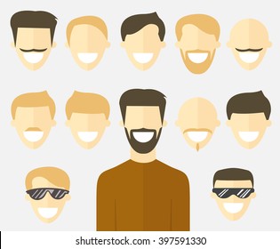 Flat man face set. Avatar icons. Vector cartoon impersonal characters