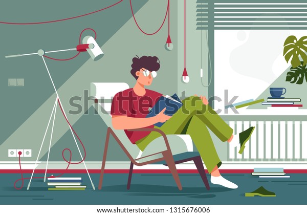 眼鏡をかけた平らな男性と家庭の服を読み 椅子に座った男性 コンセプトは 生徒のキャラクター 部屋 日をリラックスさせる ベクターイラスト のベクター画像素材 ロイヤリティフリー
