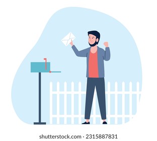 Flat man got letter. Positive good news, cartoon male character hold envelope. Post service and delivery, long waiting recent vector scene