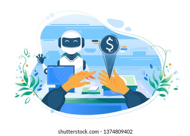 Flat man hand with electronic money opposite cashier s robot helps pay. Concept character with support technology, future device and shopping. Vector illustration.