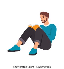 Flat man with home clothes reading book. Concept relax student character, room, day. Vector illustration. isolated on white background