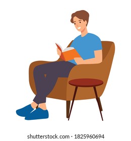 Flat man with home clothes reading book. Concept relax student character, room, day. Vector illustration. isolated on white background