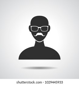 flat man icon with glasses and mustache on grey background