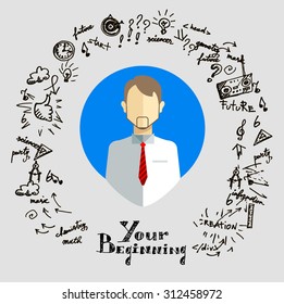 Flat man illustration, hipster with glasses, bright hair, cardigan, a businessman with freehand background Your beginning, concept, button, banner, picture, poster motivator 