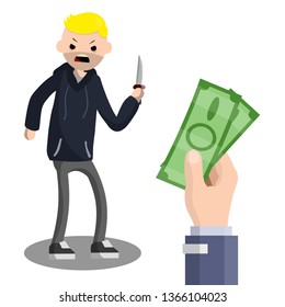 Flat man with knife. Extortion of money by the bully. Aggressive guy in a hoodie. The problem of urban security. The robber with the bat. Cartoon illustration. Hand with green cash