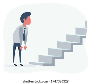 Flat Man Looking at the stair with question of new opportunities or challenges. Vector flat design illustration.