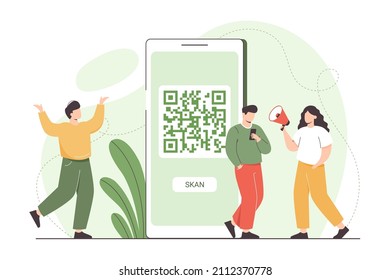 Flat man with mobile phone scanning qr code for online payment and internet shopping. Characters standing near big smartphone with qr symbol on device screen and using scanner id app for pay.