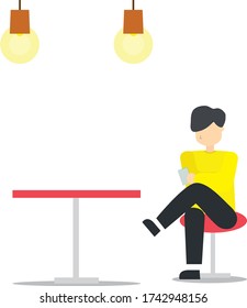 Flat man playing phone in restaurant or bar