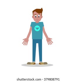 Flat man pose. Embarrassed