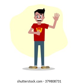 Flat man pose. Hand up