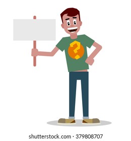 Flat man pose with label in hand