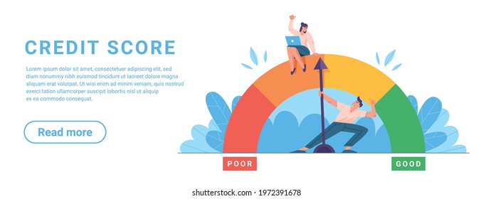 Flat man pulling speedometer scale with color levels changing personal credit history from poor to good. Woman analyze financial data and creditworthiness of an individual. Loan and mortgage concept.