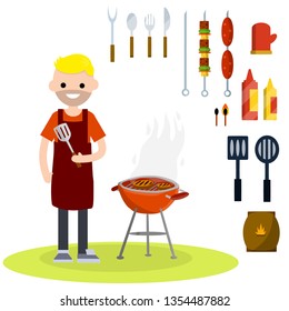 Flat man in red apron with spatula roasting meat on grill on fire. set of barbecue items. Spoon, fork, knife, ketchup, mustard, sausages, charcoal, gloves. Lunch in the backyard. Cartoon illustration