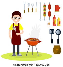 Flat man in red apron with spatula roasting meat on grill on fire. set of barbecue items. Spoon, fork, knife, ketchup, mustard, sausages, charcoal, gloves. Lunch in the backyard. Cartoon illustration