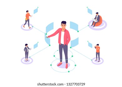 Flat man with remote employee communication and modern interface. Concept businessman and group relationship in online. Vector illustration.