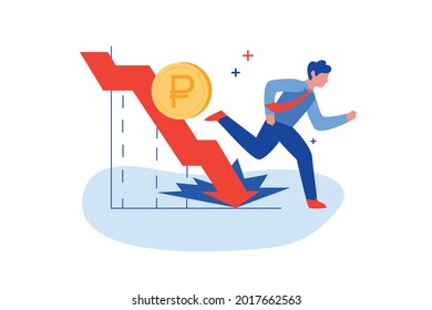 Flat man running away from bankruptcy, debt, financial crisis or cash losses. Global economic money problem, stock collapse or economy crash concept. Person and falling arrow. Investment failure.