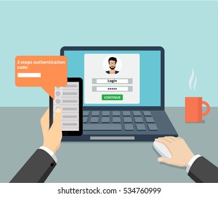 Homem plano sentado na área de trabalho e obter acesso à ilustração vetorial site. 2 etapas autenticação código SMS conceito de senha.