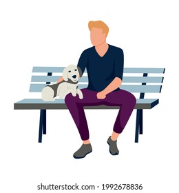 Flat man sitting with his dog on bench outdoors vector illustration