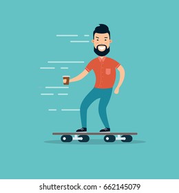 Flat man skateboarding with cup in hand vector illustration. Sport and activity concept.