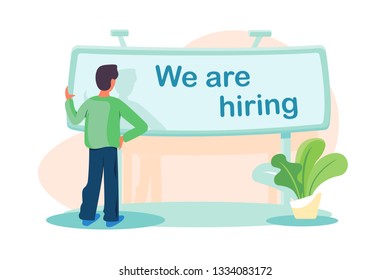 Flat man standing front banner with sign we are hiring. Concept businessman manager character with plant, relationship tamplate. Vector illustration.