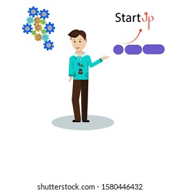 flat man start up young in blue sea hoody with broun hair demonstrate work futuristic profession up arrow gears and rocket elements good mood smiling isolated on white background vectorillustration 