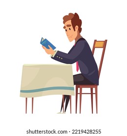 Flat man in suit reading book at table in cafe vector illustration