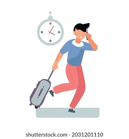 Flat man with suitcase running late vector illustration