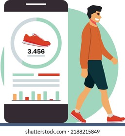 Hombre plano usando el móvil para contar los pasos. Aplicación Step counter en el smartphone. Controlar el progreso diario de la marcha en la pantalla del dispositivo. Concepto de estilo de vida saludable.