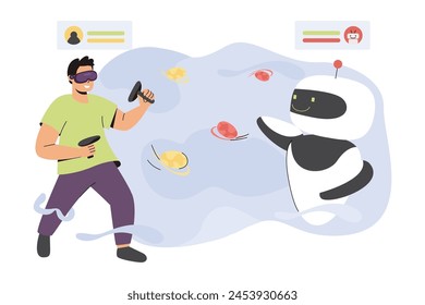 Flat man in virtual reality headset playing game with ai robot. Character with controller, vr glasses play with robotic companion. Digital technologies concept. High tech entertainment or interactive.