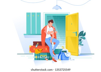 Flat man waiting trip and looks at watch with bags. Concept character before journey, summer holiday equipment. Vector illustration.