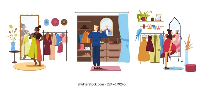 Flat man in wardrobe, people in walk in closet trying on clothes. Women shopping in boutique store. Girls choose outfit in cloakroom in front of mirror and hangers with dresses, coats and accessories.