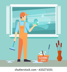 Flat man washes window - cleaning man vector character