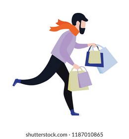 Flat man in winter outdoor clothing running holding shopping bags with purchases made during store clearance and discounts. Male character with goods. Vector illustration