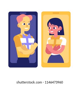 Flat man and woman communicating from smartphones holding present boxes to give to each other with smile at face. Internet communications and romantic relationships. Vector illustration